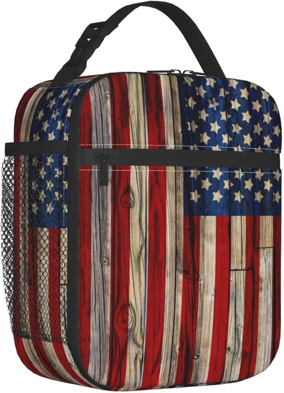 Wooden American Flag Durable Waterproof Insulated Lunch Bag Reusable Portable Cooler Thermal Tote Lunch Box Containers Organizer