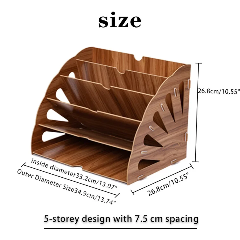 Fan Shaped Desk File Organizer Wood Multi-layer Standing Test Paper Tray Desktop Storage A4 Documents File Rack Holder