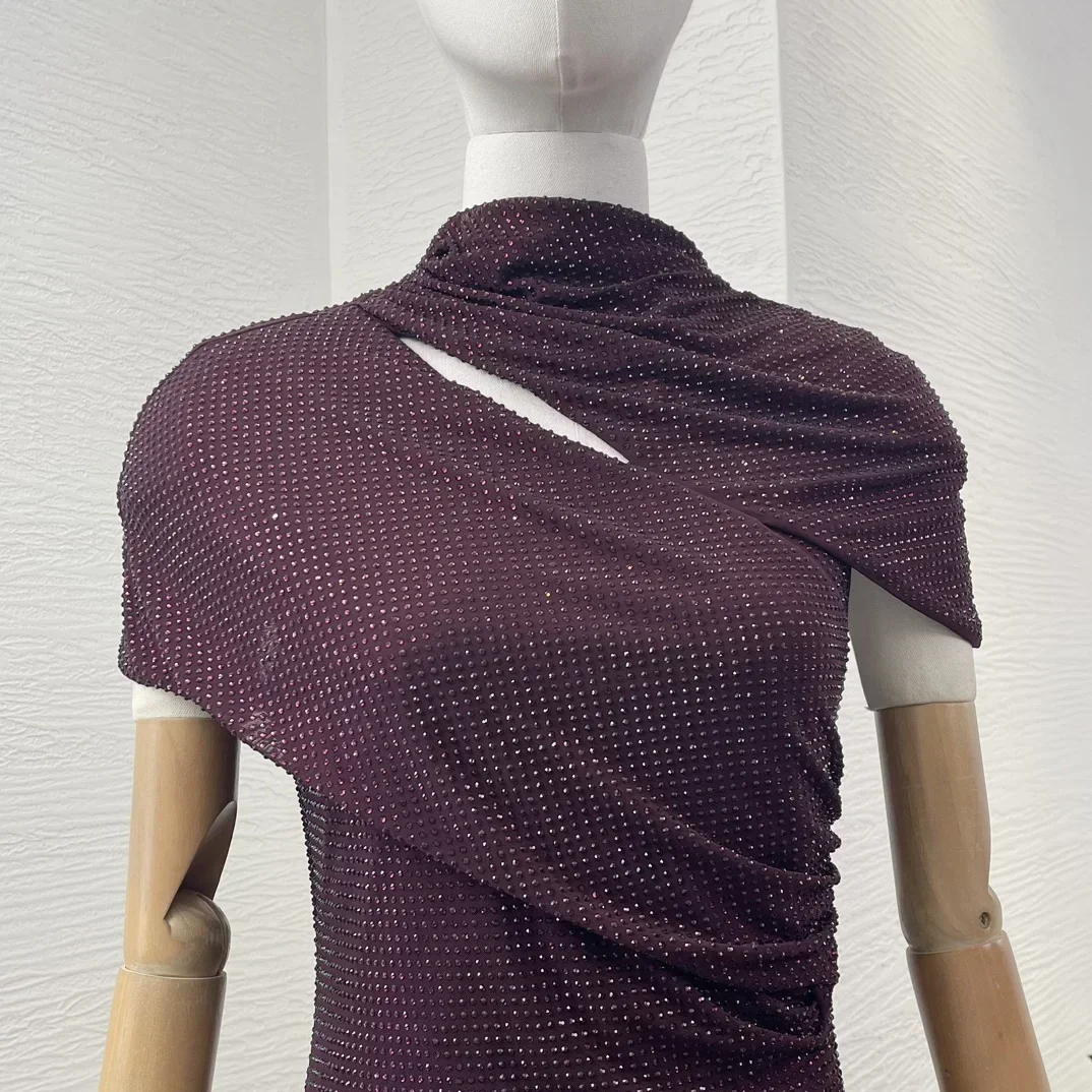 Robe de soirée rouge noir, nouvel arrivage, qualité supérieure, diamants rouges découpés, Design plissé asymétrique, manches courtes pour femmes
