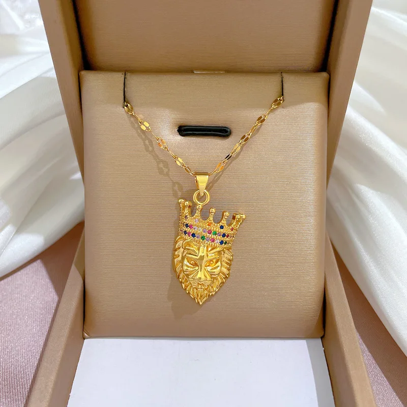OIMG 316L Stainless Steel Elephant leopard Lion Animal Pendant Necklace Women Religious Exaggerate Luxury Jewelr