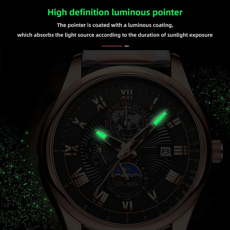 Reloj de pulsera deportivo de lujo para hombre, cronógrafo de cuarzo con fecha de cuero luminoso, resistente al agua, a la moda, 2024