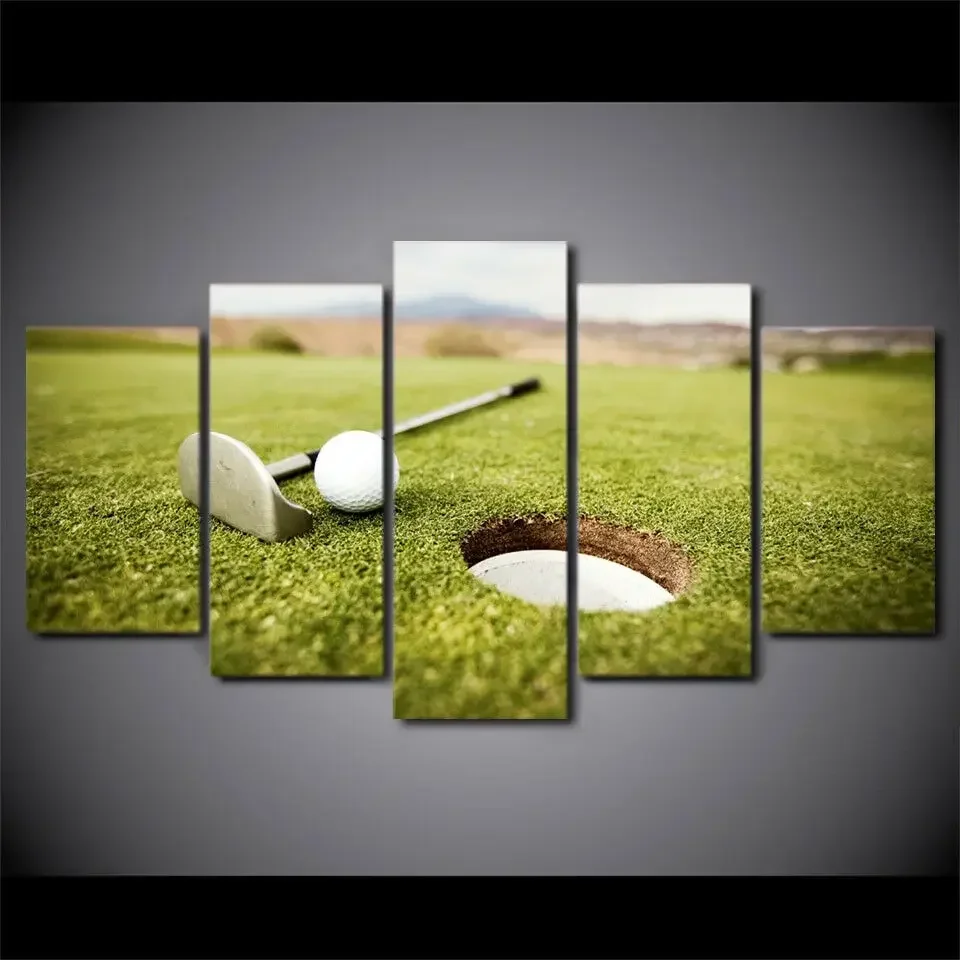 5 Panel Golf Ball Iron Putter Near Hole Golf Course Poster Wall Art Canvas Pictures Home Decor HD Print Room Decoration Painting