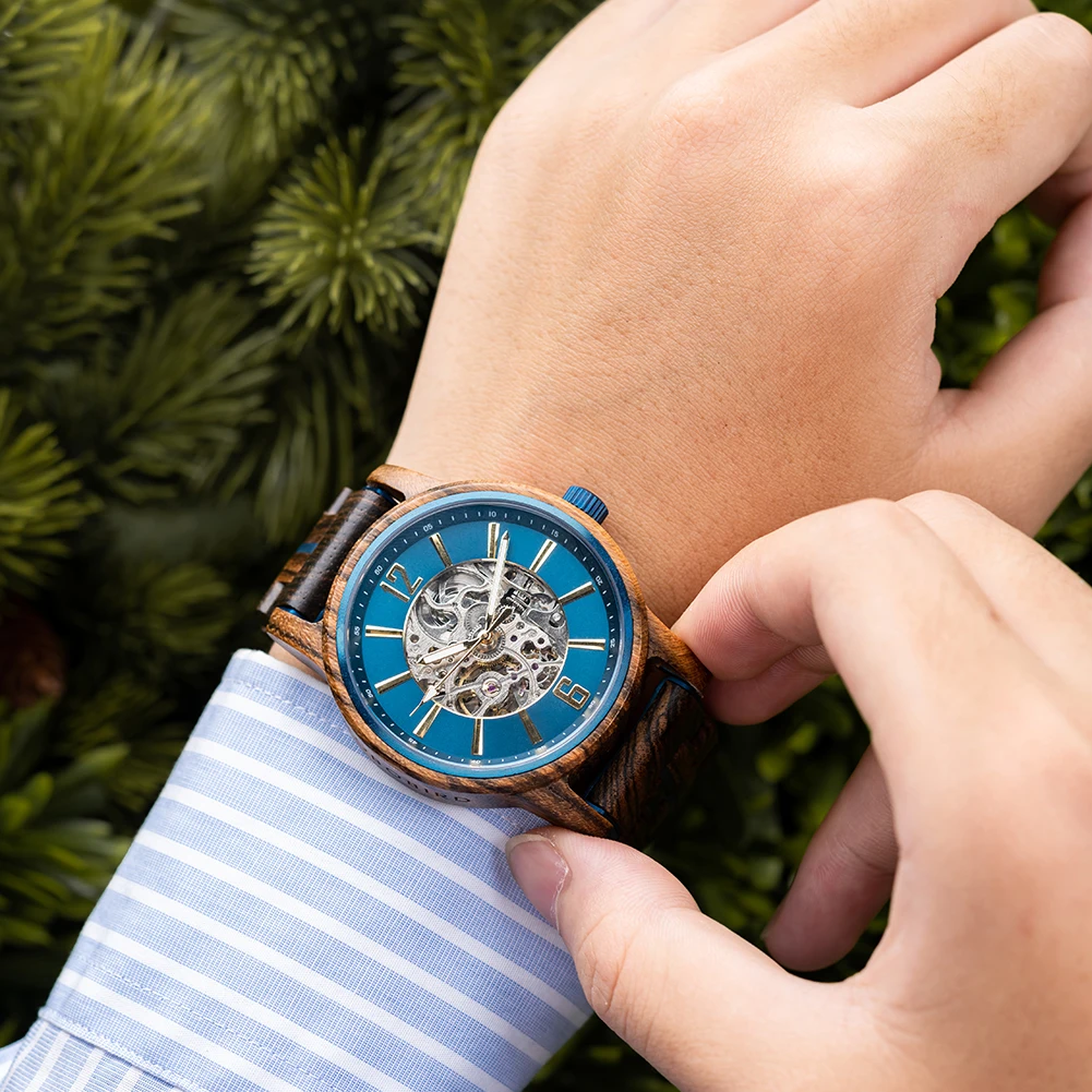 BOBO BIRD Drewniany Zegarek Automatyczny Mechaniczny Męski Personalizowany Tekst na Tylnym Panelu Modny Zegarek na Rękę Świecący Zegar Dropshipping