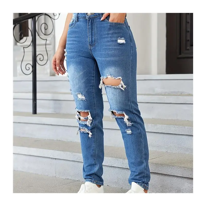 Casual Waed rasgado pierna recta Street Sle pantalones vaqueros no potenciadores pantalones largos azules para mujer colección de invierno