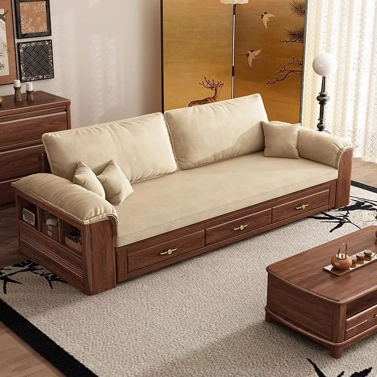 Black walnut solid wood sofa bed modern simple dual-purpose living room small apartment multi-functional storage push-pull sofa