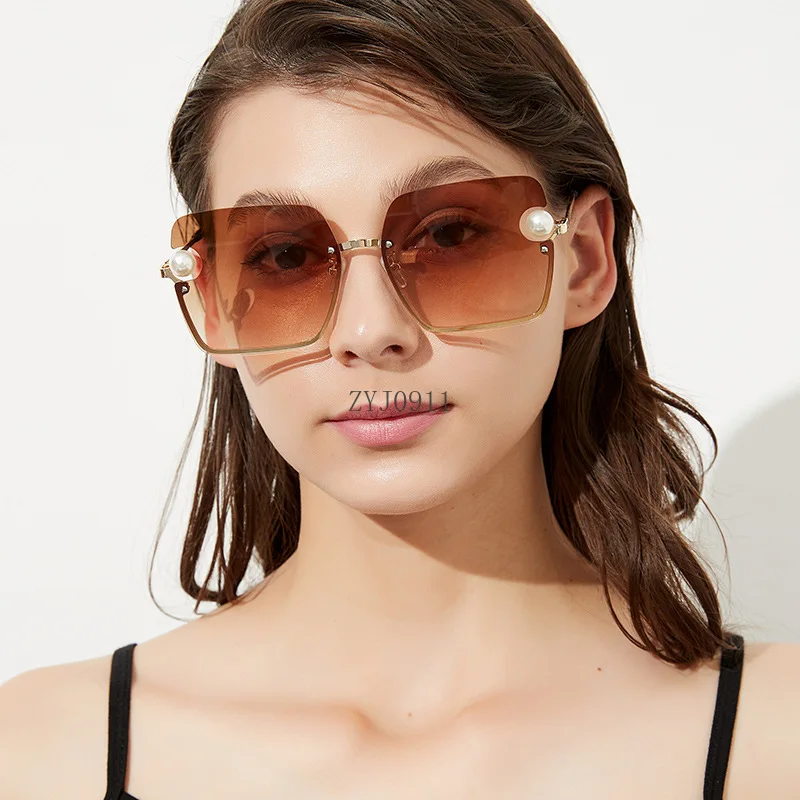 *Pearl Women Sunglasses Matel Semi Rimless Frame Super Luxury brand designer Glasses Fashion Ladies Shades