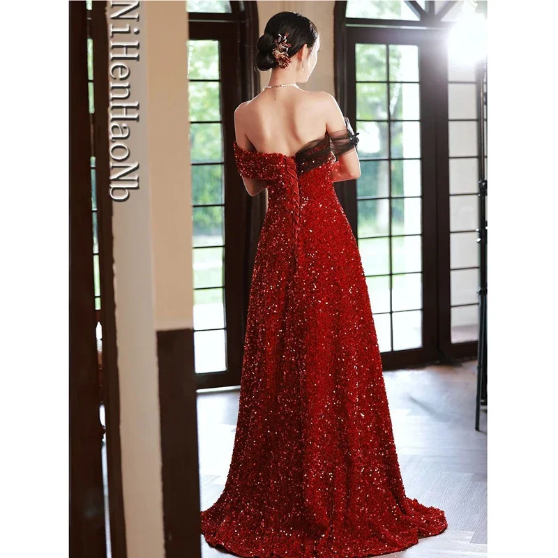 Brinde vestido de casamento noiva 2025 novo vermelho high-end casamento noivado banquete vestidos de noiva vestido de noite