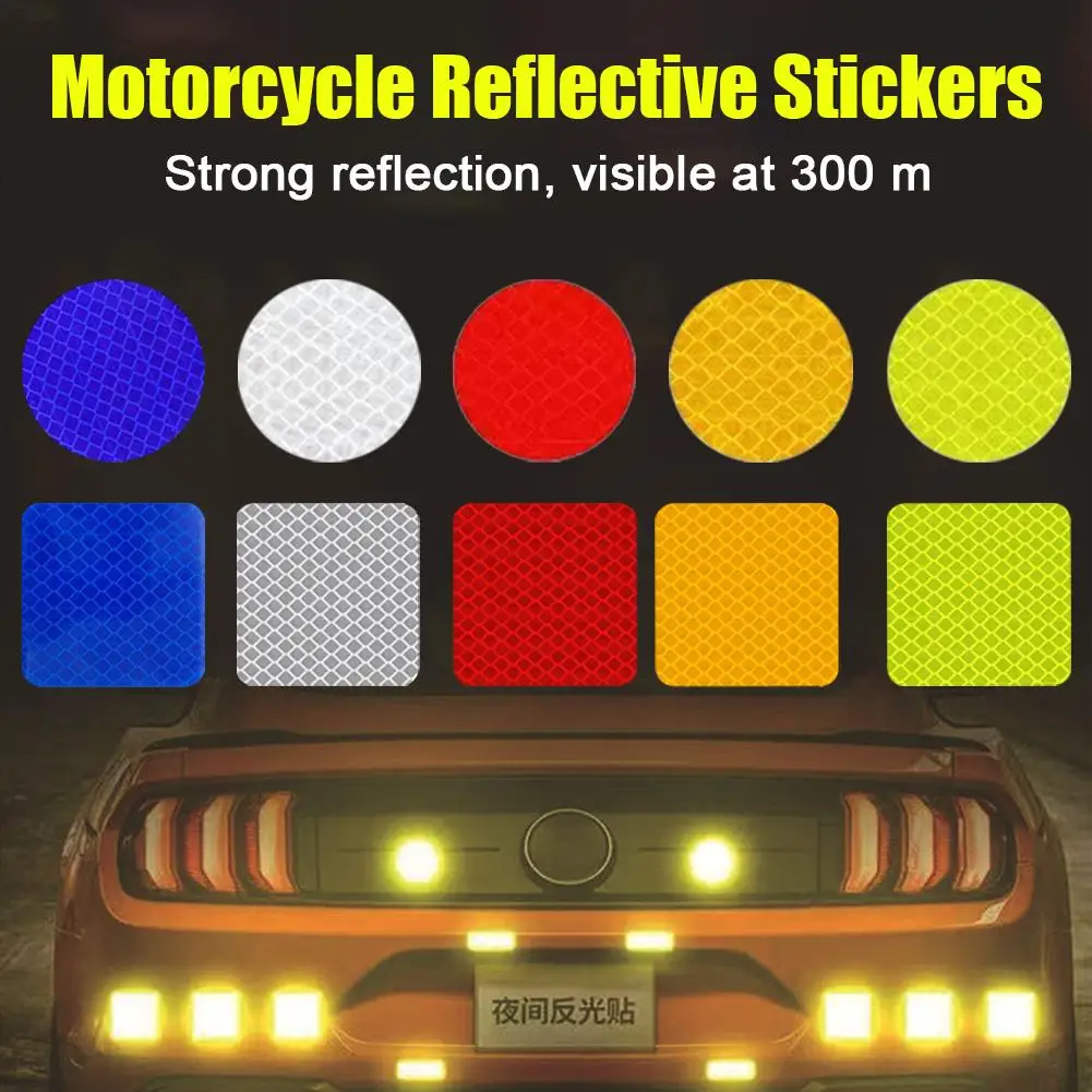 Adesivos refletivos para motocicleta, 10 peças, 5cm, reflexão forte, 300m, visibilidade, redondo/quadrado, decalques de aviso de segurança noturna para bicicleta, carro