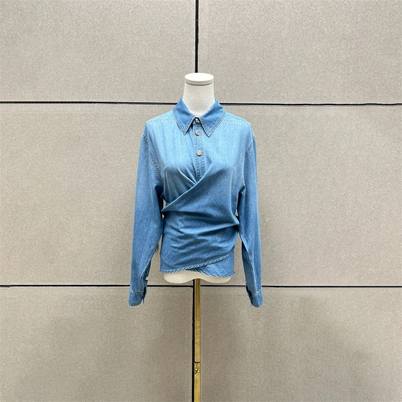 Veste en jean à revers et cravate croisée pour femme, haut en denim à simple boutonnage, y2k, de haute qualité, à la mode et élégante, en pur coton lavé, nouvelle collection automne