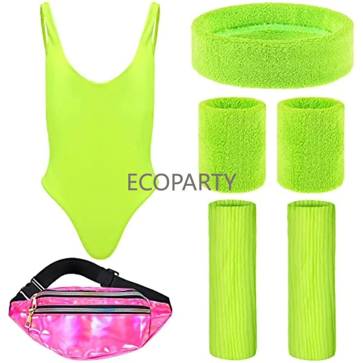 Women Neon Leg Warmers Workout Costumes Set Holographic Fanny Pack Knit Swimwear Bathing Suits Leg Warmers Headband Wristbands