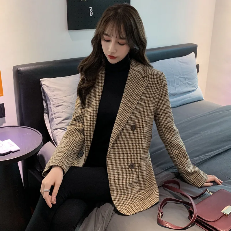 Suit women's jacket fragrant plaid woolen jacket small design sense waist temperament British style jacket tide