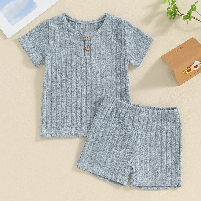 

Toddler Baby Boy Girl Summer Clothes Plain Color Ribbed Knit Short Sleeve Button T-Shirt Tops Elastic Waist Shorts Set Casual