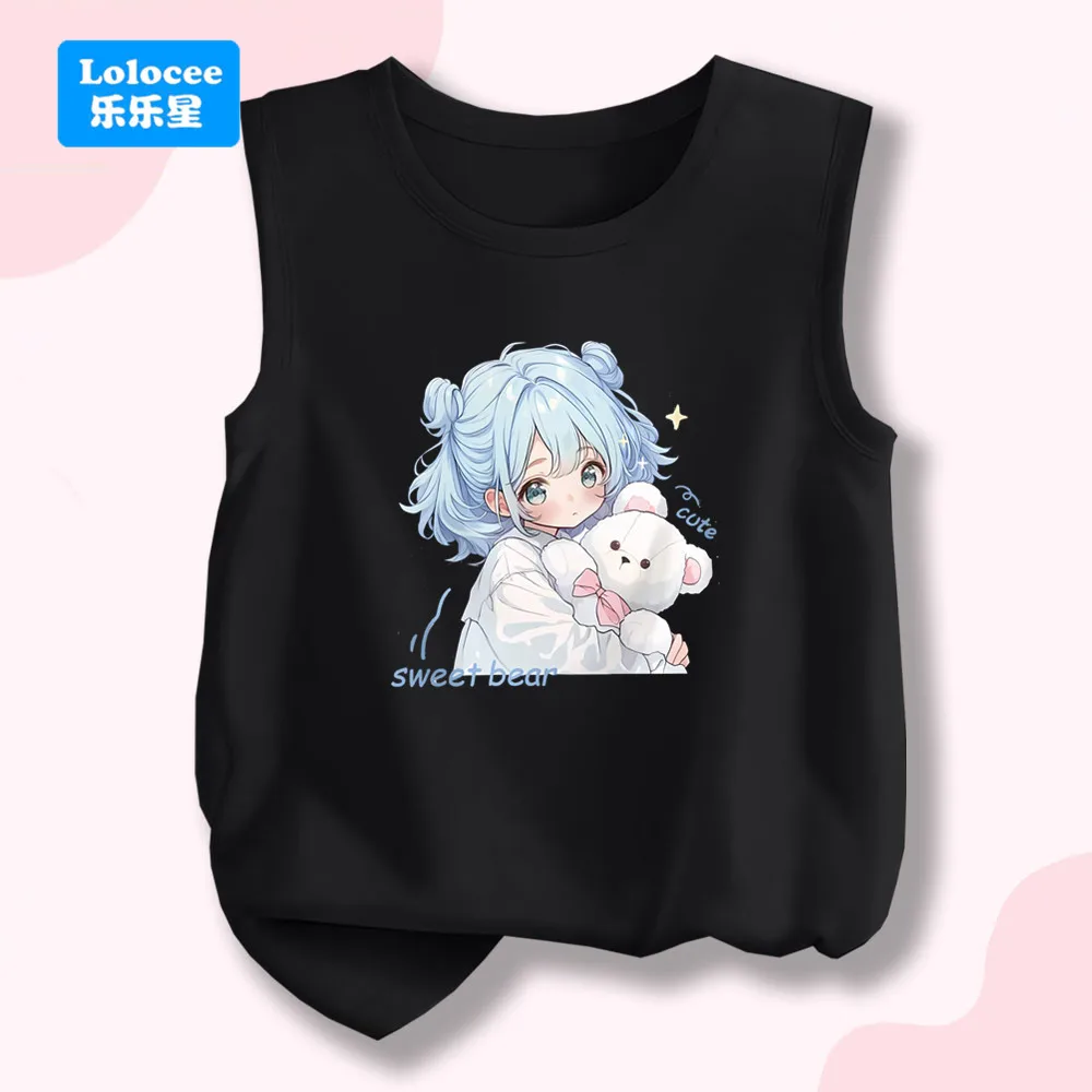 Kawaii Anime Girl & Bear Print Pink Sleeveless Tank Top for Kids - Cute Sweet Summer Vest NHBX1