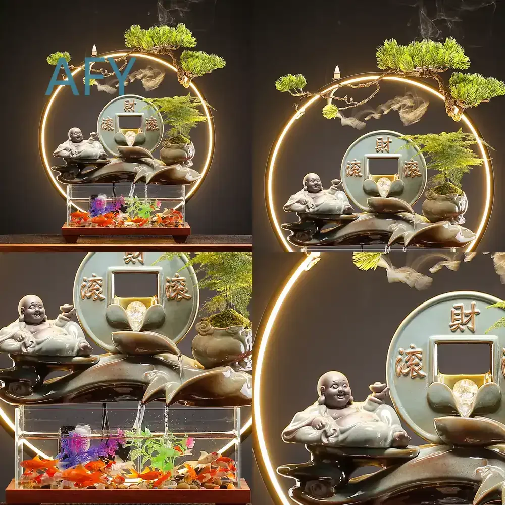 New Chinese Style Flowing Water Glass Fish Tank Decor for Home Office Living Room Desktop Entryway Decoration and Opening