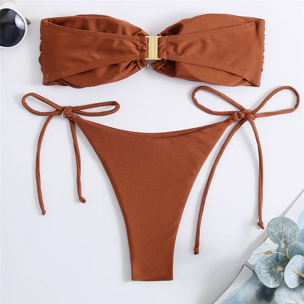 Sexy Diamond Ring Brown Ruched Swimwear Bandeau Bikinis Set 2024 Mujer Micro Thong Swimsuit Lace-up Bathing Suit Bikini Bather