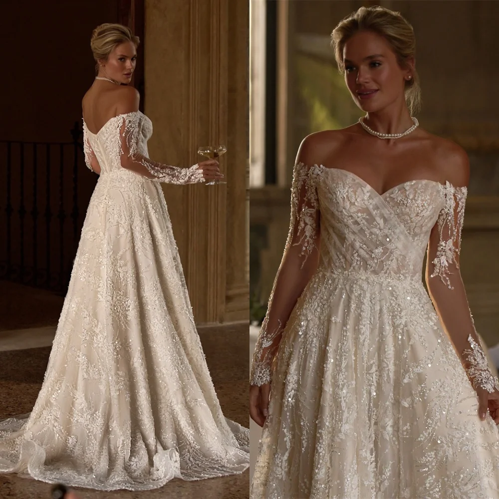 

Customized Exquisite White Organza Wedding Dress Delicate Strapless Long Sleeves Bridal Party Elegant Zipper Back Bridal Gowns