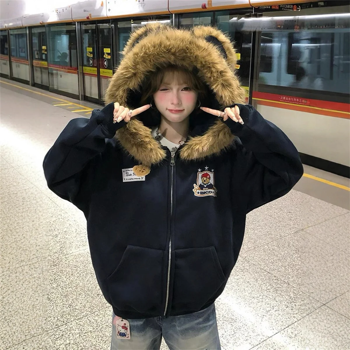 

Autumn Winter New Fashion Bear Ear Cardigan Coat Y2K New Korean Version Niche Casual Joker Thick Warm Couple Hooded Outwears