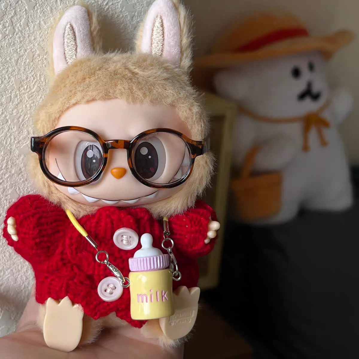 For 15cm Labubu Doll Clothes  Red Sweater Leopard Print Glasses Bottle Pendant Matching Labubu Outfit OOTD Ropa Labubu