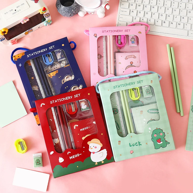 Nieuwe 6 Stuks Creatieve Kinderen Briefpapier Set Cartoon Puntenslijper Gum Notitieboek Heerser Potlood Kawaii Schoolbenodigdheden Geschenken