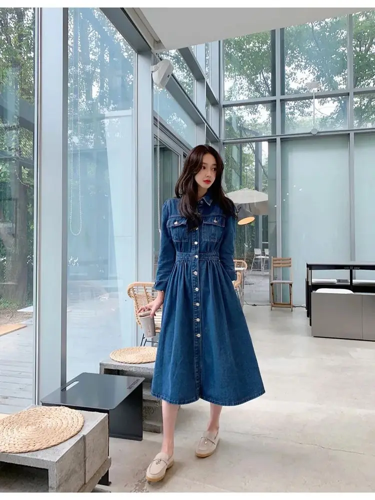 Autumn New Korean Style Fashion Casual Long Sleeve Single breasted Dress Women's Shirt Denim Dresses Temperament