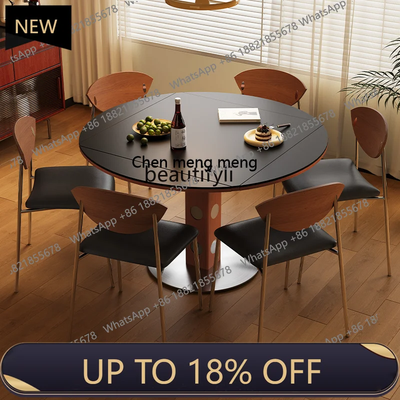 

P178 Solid Wood Vintage Dining Table Foldable Extendable Small Household Mid-Century Style Round and Square Dual-Use Rock Board