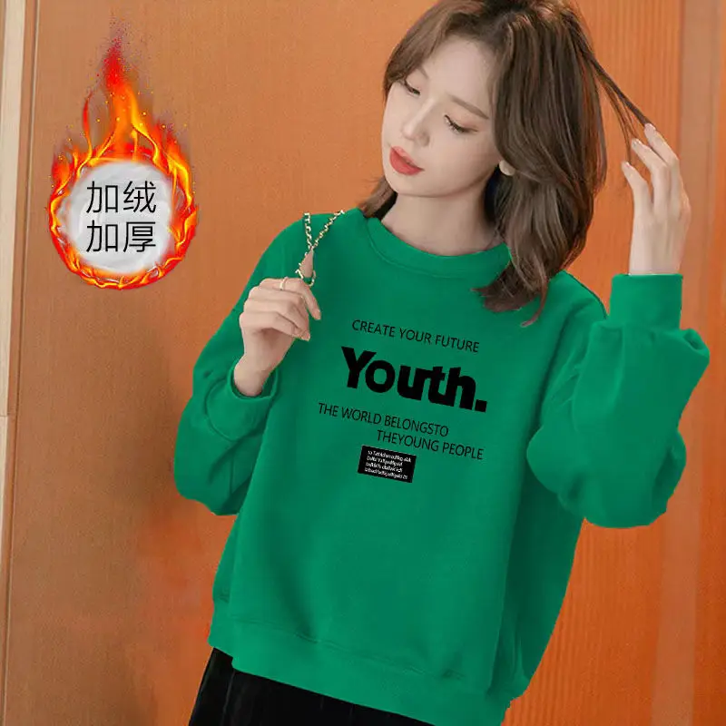 Korean Fashion Autumn Winter New Women's O-Neck Letter Printing Plus Velvet Thicken Long Sleeve Loose Pullovers Sweatshirts Tops