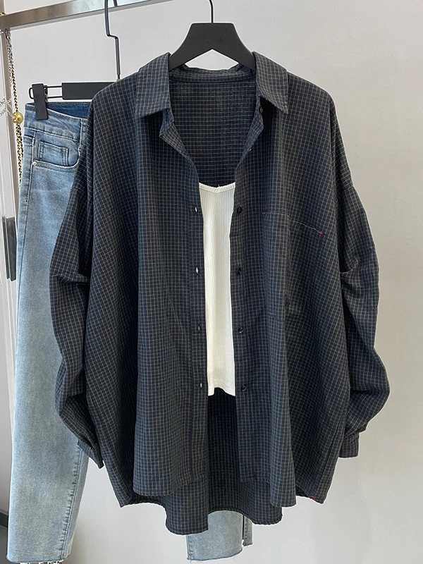 

High-End Japanese Style Commuter Plaid Shirt Jacket Long Sleeve Loose Slimming Mid-Length Casual Blouse for Women