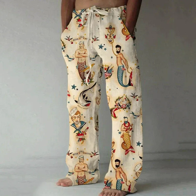 Summer Men's Fashion Trend 3D Printed Wide Leg Pants Hawaiian Style Beach Pants Vacation Casual Loose Pants