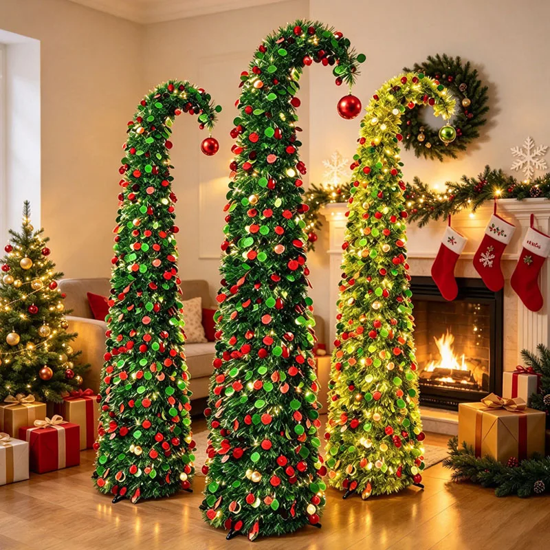 1.5M Tinsel Christmas Tree Bendable Slanted Top Telescopic Foldable Dense Ornament for Festive Holiday Party Xmas Decoration
