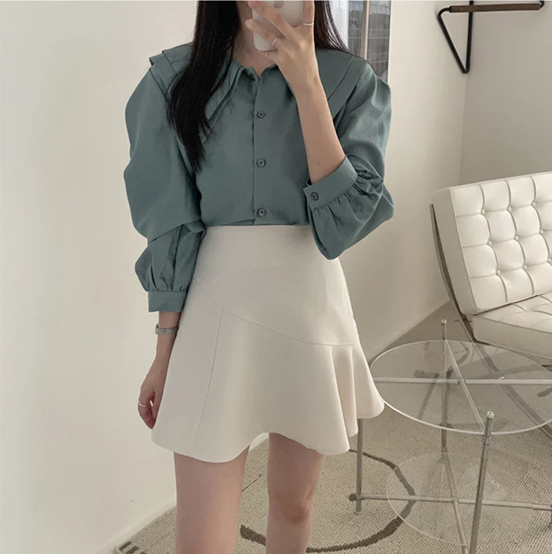 

S-Xl 2022 Girls Spring Fall Blouse Womens Shirt Long Sleeves Tops Bud Silk Embroidery Skirts High Waist Two Piece Set Women