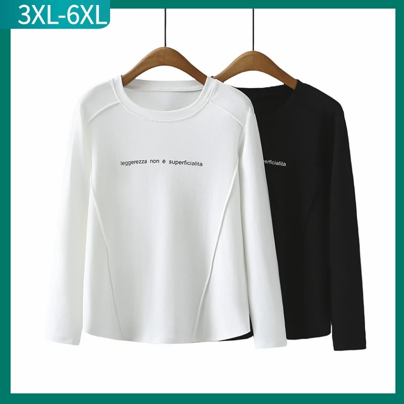 New 2025 Ladies Spring Autumn Plus Size T-shirt For Women Large Size Long Sleeve O-neck Tops 3XL 4XL 5XL 6XL