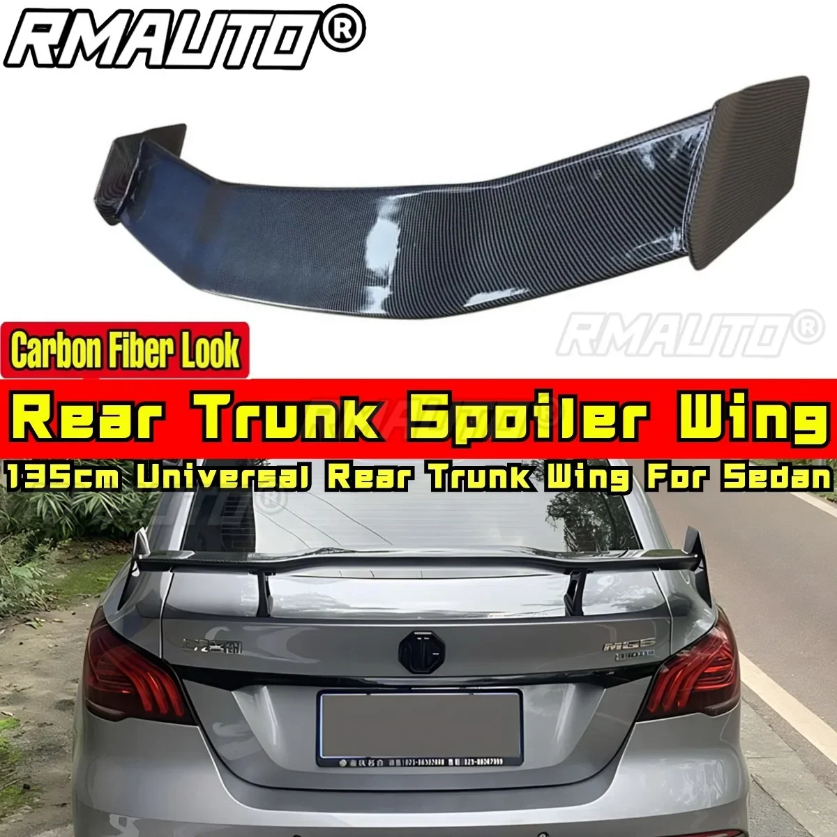 135cm Universal Rear Trunk Wing Carbon Fiber Look GT Style Car Rear Trunk Spoiler Rear Wing Body Kit for Sedan Car Accessories
