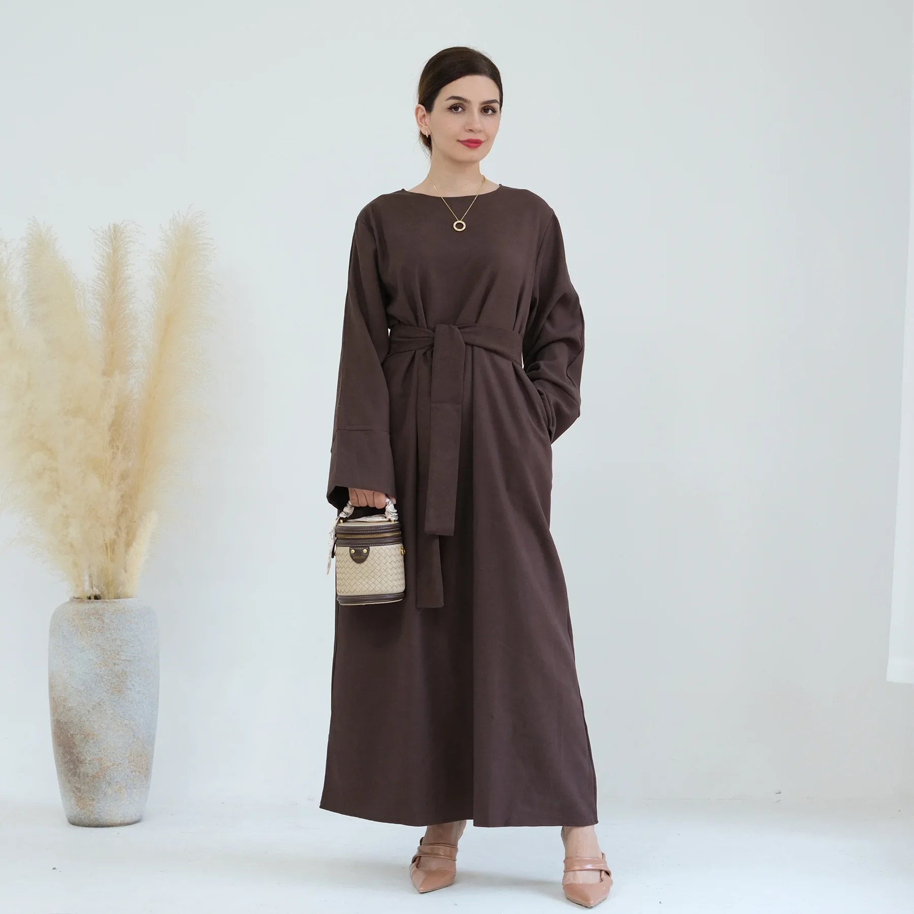 Autumn Winter Abaya Dress with Belt Plain Abayas for Women Long Muslim Dresses Ramadan Eid Dubai Islam Modest Kaftan Hijab Robe
