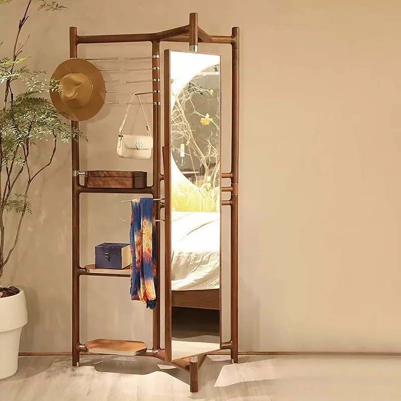 Light luxury high-end North American walnut coat rack Floor-to-ceiling multi-functional rotatable hanger Cloakroom storage rack