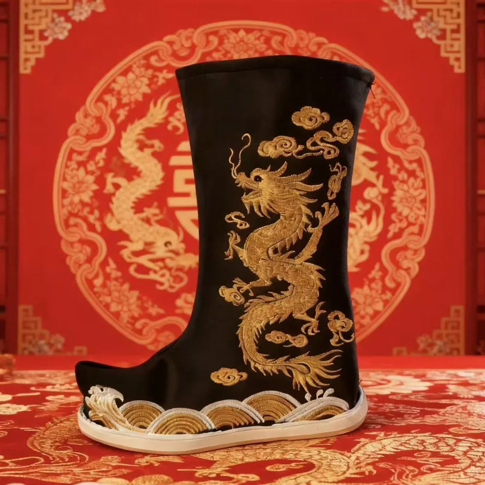 أحمر أسود خمر التنين الصيني فينيكس الأحذية للجنسين الرجعية Hanfu تأثيري اكسسوارات المحارب المبارز الإمبراطور الأحذية