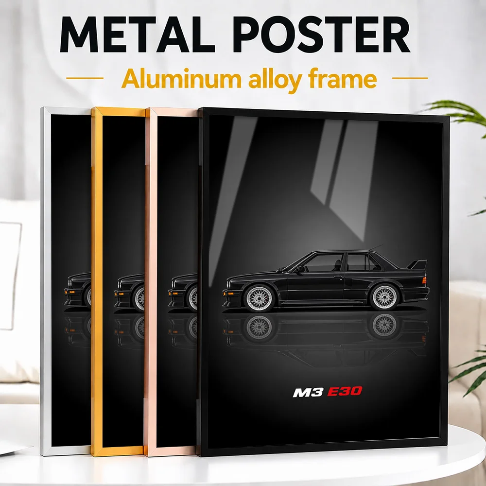 German M3 E30 Diamond Black Metallic Sports Car Framed Metal Poster Personalized Motorsport Heritage Wall Art Enhances Game Room