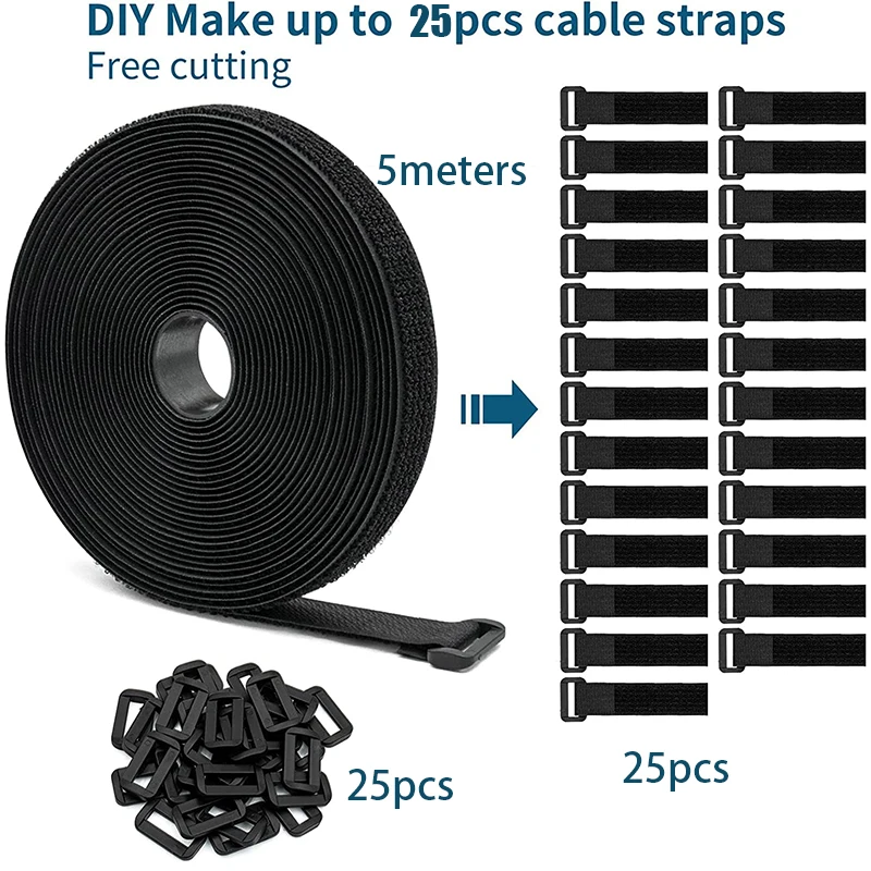 Correias de Gancho e Loop de Fixação Ajustável, Correias para Costura e Cabo, 25 Fivelas, Comprimento de Corte Livre, Gerenciamento de Arame, 5m