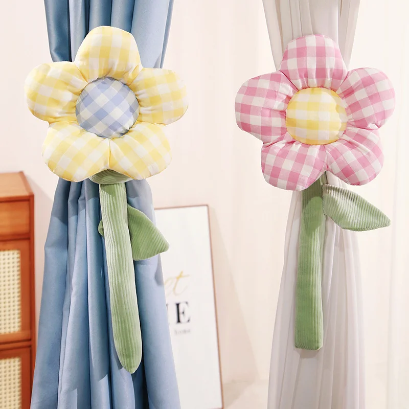90cm Grid Flower Curtain Buckle Strap Stuffed Plush Curtain Hook Spring Flowers Plush Filled Rope Home Bedroom Decor
