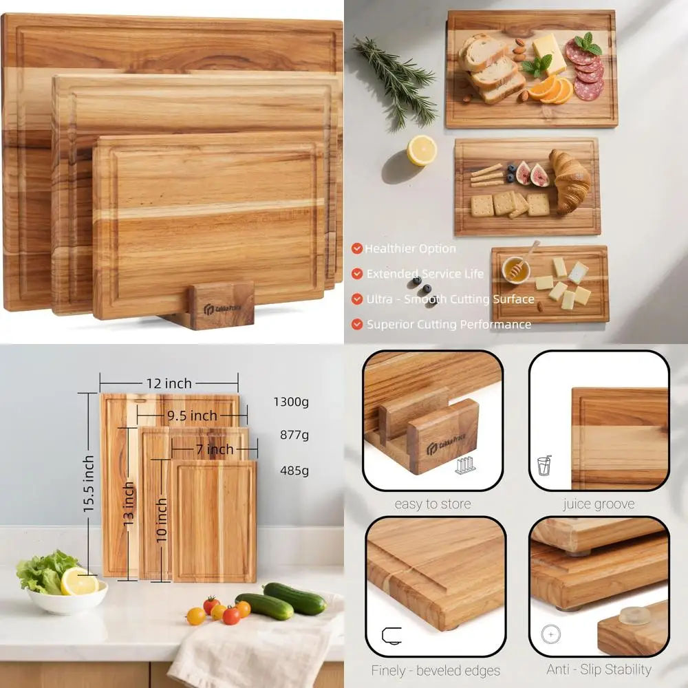 

3-Piece Teak Wood Cutting Board Set with Stand | Durable, Splinter-Free Kitchen Boards | Deep Juice Groove & Non-Slip Design