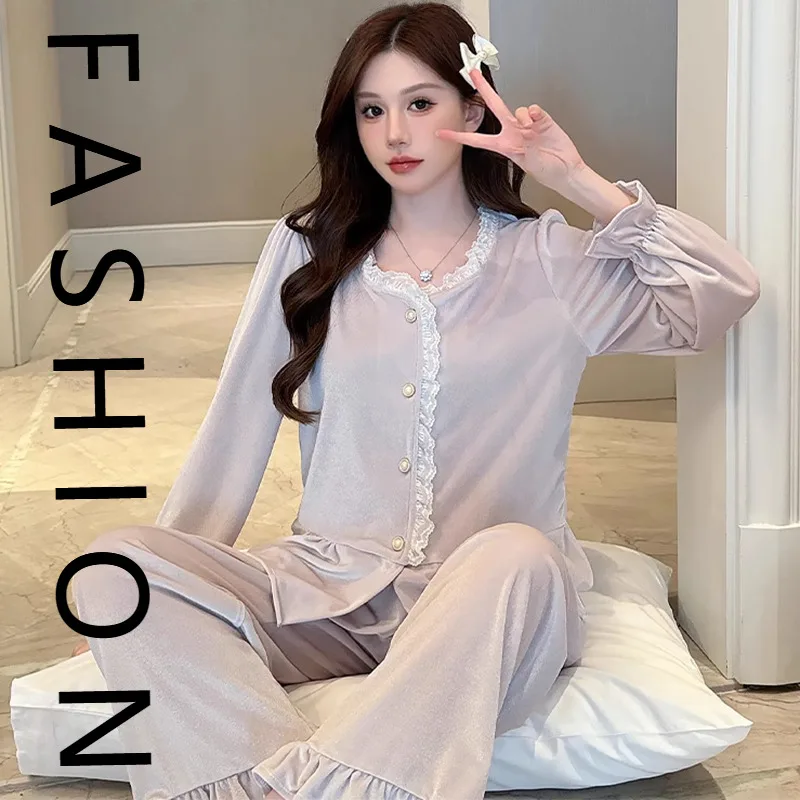 

Женские пижамы во французском придворном стиле на осень и зиму, золотой бархатный кардиган с длинными рукавами, весенне-осенний милый комплект из двух предметов l