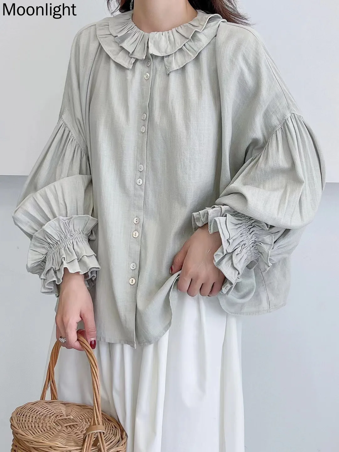 Retro French Chic Style Women Tops Sweet Mori Girl Doll Collar Cotton Linen Shirt Female Loose Wide Lantern Sleeve Female Blouse