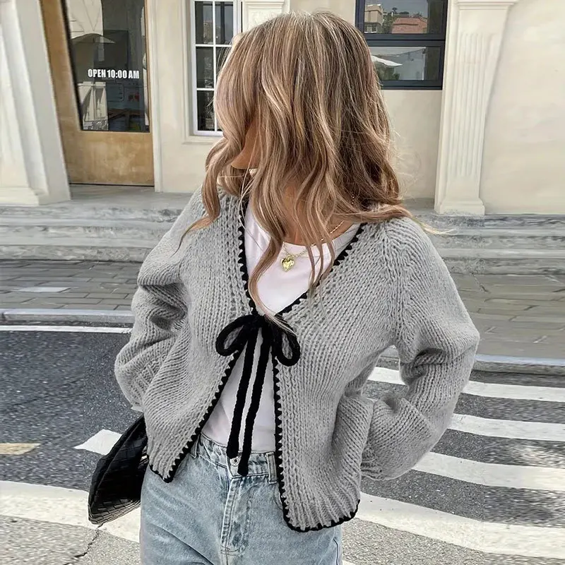Women Contrast Trim Knit Cardigan V Neck Front Tie Long Sleeve Cropped Sweater Fall Winter Casual Loose Wrap Outerwear Ladies Kn