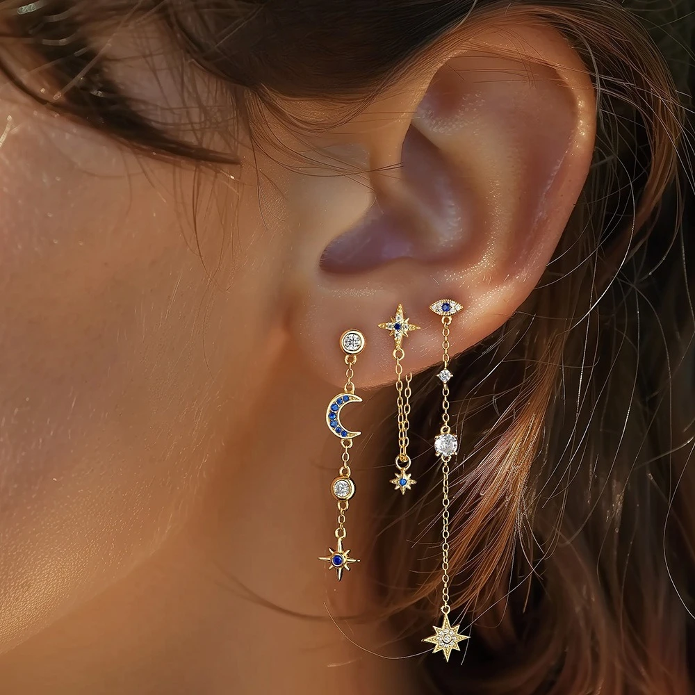 

S925 Pure Silver Star and Moon Tassel Diamond-studded Earrings for Women, Unique Design Evil Eye Earrings.