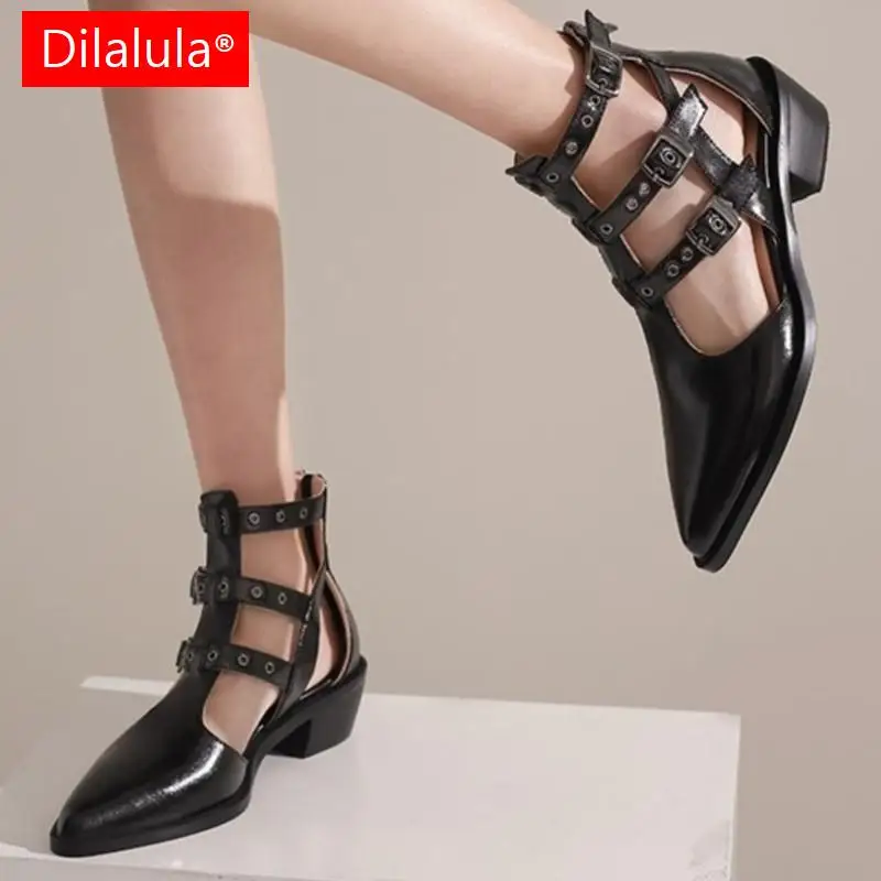 Dilalula Genuine Leather Gladiator Sandals Ladies 2024 Covered Med Chunky Heels Rome Style Black  Summer Women Shoes