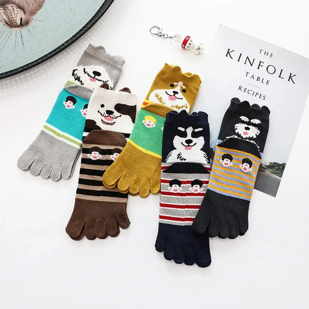 5 Pairs Five Finger Socks Women Yoga Pilates Cotton Toe Socks with Separate Fingers Cartoon Dog Cute Kawaii Socks