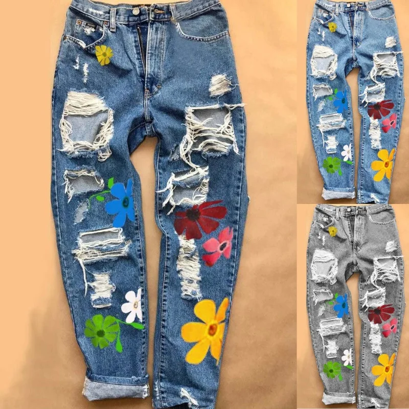 Moda personalidade rua publicidade impressão buraco cintura alta quatro estações calças jeans femininas flor