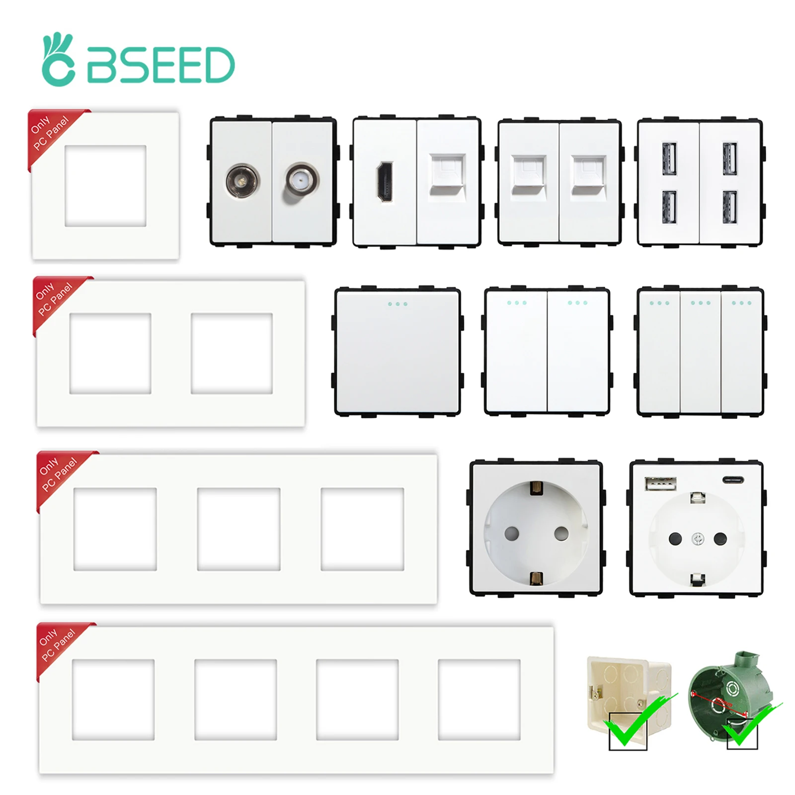 BSEED Matowa plastikowa ramka EU Wtyczka ścienna RJ45 TV ST HDMI CAT5/6 Gniazda USB Przełącznik mechaniczny Części funkcjonalne DIY Bezpłatna kombinacja