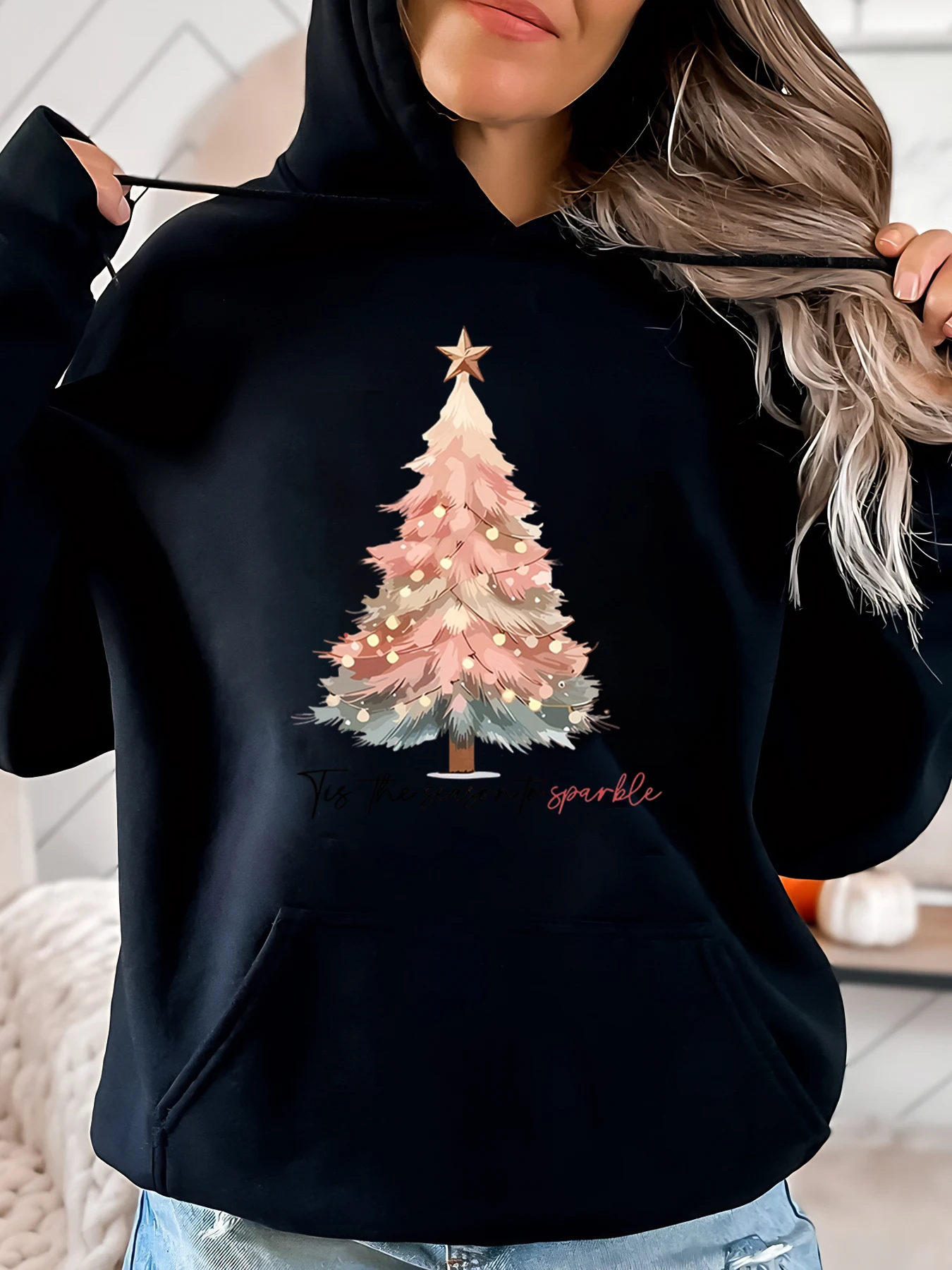 

Праздничная толстовка с блестящим принтом в виде рождественской елки, женская повседневная одежда, наряд для вечеринки, черный, больших размеров