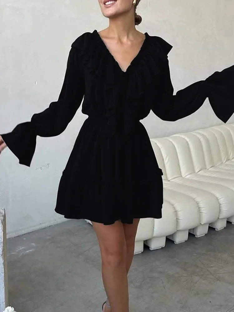 2025 Nuovo abito primavera estate Solido pizzo con scollo a V Dolce mini abito in chiffon per le donne Abiti vintage a maniche lunghe alla moda