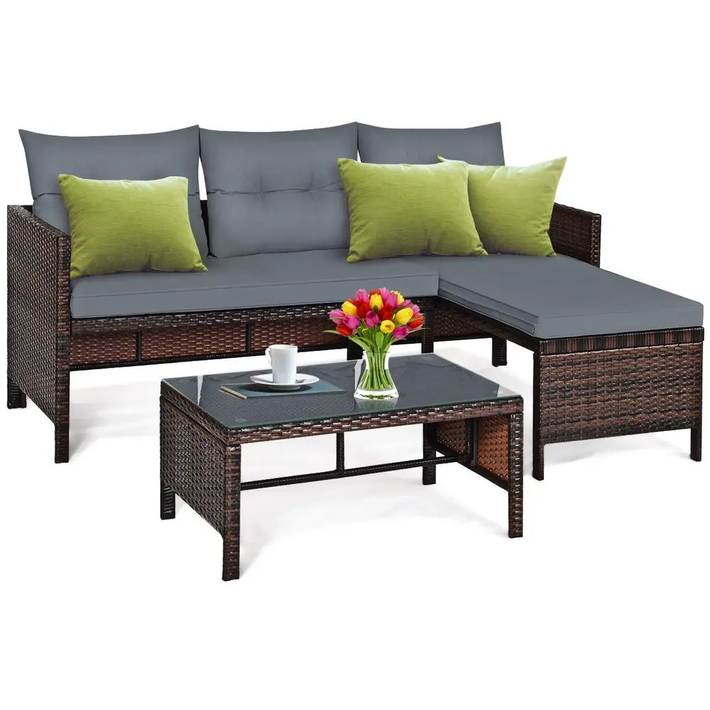 Patio Corner Sofa Set 3 Piece, Outdoor Rattan Sofa Set, Includes Lounge Chaise, Loveseat amp Coffee Table, Patio Garden Poolsid